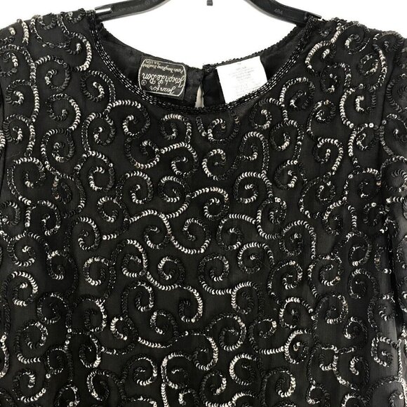 Vtg Jean For Joseph Le Bon Black Sequin Beaded Silk Blouse Sz 12 Party Cocktail - Picture 2 of 12